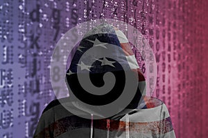 Hacker in an american hoody in front of a code background with binary streams and information security terms cybersecurity concept