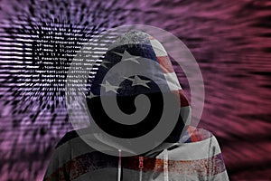 Hacker in an american hoody in front of a code background with binary streams and information security terms cybersecurity concept