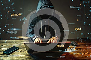 A hacker anonymous in a hood is typing on a laptop keyboard in a dark room. Cybercrime fraud and identity theft