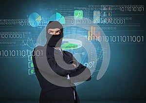 Hacker with arms crossed in front of blue background with digital graphics