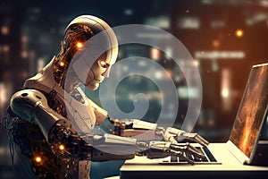 Hacker Artificial Intelligence Robot. AI hack alert personal data, intellect mind