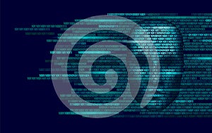 Hacker artificial intelligence robot danger dark face. Cyborg binary code head shadow online hack alert personal data