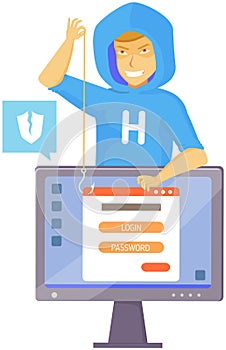 Hacker attack. Hacker breaks into computer. Cyber attacker cracker trying to hack laptop password