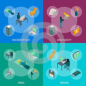 Hacker Attack Concept Banner Set 3d Isometric View. Vector