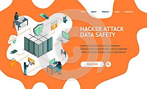 Hacker Attack Concept Landing Web Page 3d Isometric View. Vector