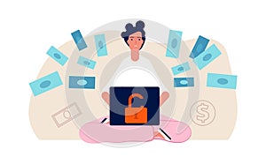 Hacker attack. Cute young girl hack bank online. Bad money safety, woman transfer money vector illustration