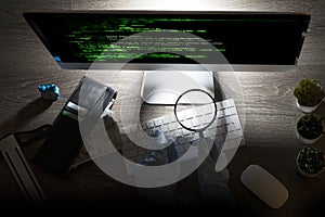 Hacker attack in cyberspace coding at computer on the night