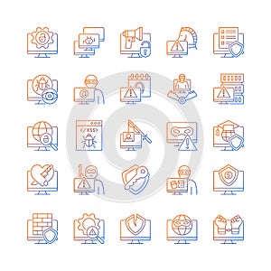 Hacker attack gradient linear vector icons set