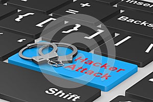 Hacker attack. Handcuff on keyboard. 3D illustration