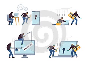 Hacker attack and identity theft scenes set, flat vector illustration isolated.