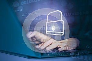 Hacker attack laptop computer with background icon binary, shield and padlock,concept preventing website attacks by keeping