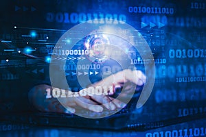 Hacker attack laptop computer,background icon binary,shield and padlock,concept preventing website attack,keeping financial