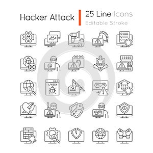 Hacker attack linear icons set