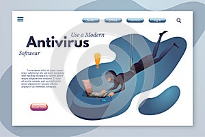 Hacker attack, trojan flat vector illustration. Antivirus landing page template