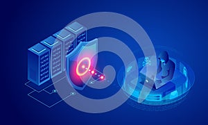 Hacker attacking server or database. Network security, Database secure and personal data protection.