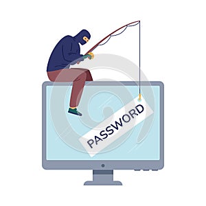 Hacker attacks computer security system, flat vector illustration isolated.