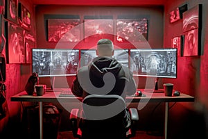 Hacker back view computer cyberspace security criminal technology burglar coding internet fraud danger virtual virus