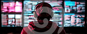 Hacker Back View Multiple Screens Coding Dark Room Cybersecurity