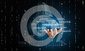 A hacker behind binary code, stream of data, able to break through cyber security and reaches his hand out to control your