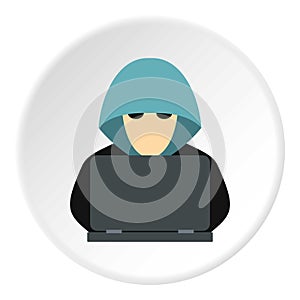 Hacker behind computer icon, flat style