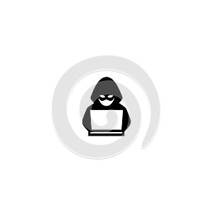 Hacker behind computer icon isolated on white background