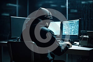 Hacker from behind using a computer in a dark room