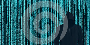 Hacker in black hood Shows the extraction through binary. Stand in front of a code background with binary streams and information