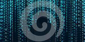 Hacker in black hood Shows the extraction through binary. Stand in front of a code background with binary streams and information