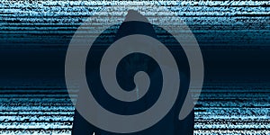 Hacker in black hood Shows the extraction through binary. Stand in front of a code background with binary streams and information