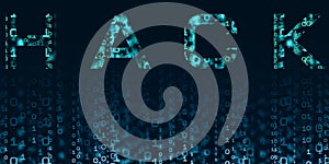 Hacker in black hood Shows the extraction through binary. Stand in front of a code background with binary streams and information