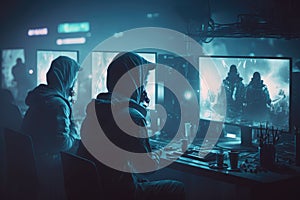 Hacker in black hoodie. Hacking and internet security concept Generative AI