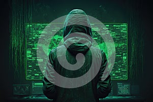 Hacker in black hoodie. Hacking and internet security concept Generative AI