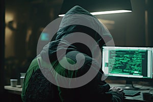 Hacker in black hoodie. Hacking and internet security concept Generative AI