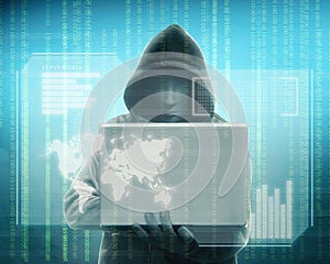 Hacker in black hoodie holding laptop with his hand and virtual screen display the server data, world maps, chart bar and binary