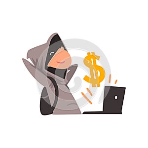 Hacker in Black Mask Stealing Money Using Laptop, Internet Crime, Computer Security Technology Cartoon Vector