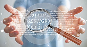Hacker using digital magnifying glass to find password 3D render