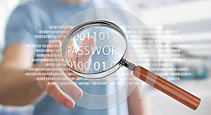 Hacker using digital magnifying glass to find password 3D render