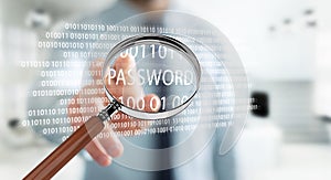 Hacker using digital magnifying glass to find password 3D render