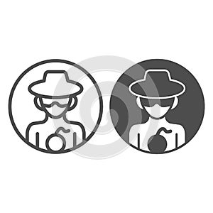 Hacker with bomb line and solid icon, web security concept, hacker and ransomware malware sign on white background