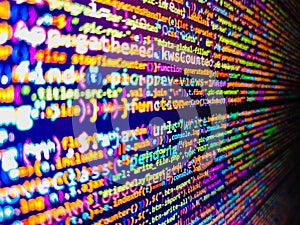 Hacker breaching net security. Website development. Program code with display. CSS, JavaScript and HTML usage. Javascript