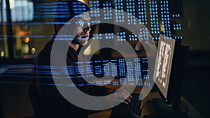 Hacker breaking computer system in data hologram closeup. Spy programer working