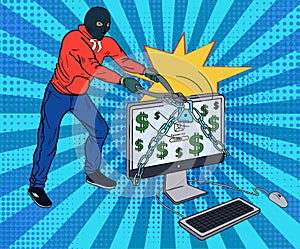 Hacker breaking open a security lock on a computer with dollar icons on the screen using a large pair of cutters in a