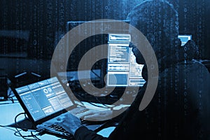 Hacker is breaking server using computers. Cybercrime concept.