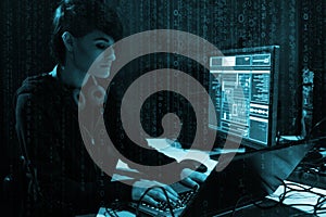 Hacker is breaking server using computers. Cybercrime concept.