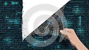 Hacker breaks an abstract computer system, network screen antivirus tears a binary array matrix cyberspace, well organized layers