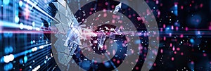 A hacker breaks through a digital shield, scattering fragments, symbolizing a security breach in a high-stakes photo