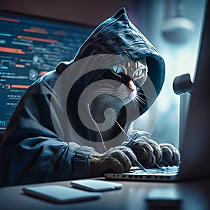 hacker cat working job profession illustration, generative AI