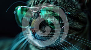 Hacker cat works at computer in dark room, digital code reflected in glasses. Concept of spy, ransomware, hack, funny animal,