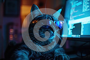 Hacker cat works at computer in dark room, digital data reflected in glasses. Concept of spy, technology, hack, funny animal,