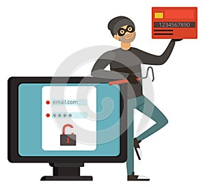 Hacker character. Cyber criminal steal money from credit card